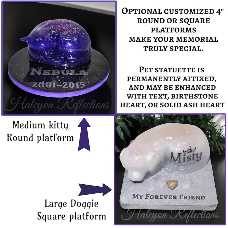 Pode incluir: Duas plataformas de memorial para animais de estima&ccedil;&atilde;o, uma redonda e outra quadrada. A plataforma redonda &eacute; decorada com uma figura de gato roxo e o texto "NEBULA 2001-2015". A plataforma quadrada &eacute; decorada com uma figura de c&atilde;o branco e o texto "Misty" e "MY FOREVER FRIEND". Ambas as plataformas s&atilde;o feitas de concreto e t&ecirc;m uma superf&iacute;cie texturizada.
