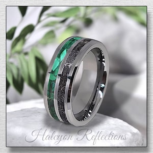 Malachite And Meteorite Ring, Man's Woman's Ring, 8mm, Tungsten, Comfort fit band, Two Channel Ring