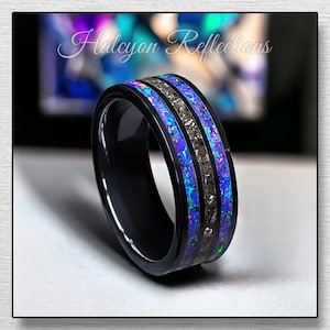 Meteorite And Purple Opal Ring: 8mm Tungsten Ceramic Wedding Band