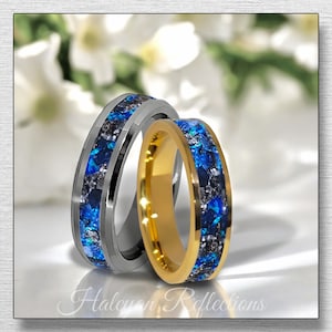 Sapphire Opal and Meteorite Ring, Men&#39;s Woman&#39;s Wedding Band, 8mm -6mm, Tungsten, Ceramic, Comfort fit Ring