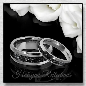 Diamond Dust & Black Jet Inlay Wedding Band: Argentium Silver, Ceramic, or Tungsten