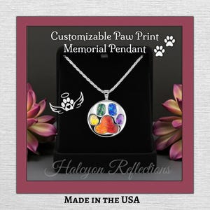 Op de afbeelding: Een zilverkleurige ronde hanger met een pootafdrukontwerp en veelkleurige iriserende inlays, hangend aan een bijpassende zilveren ketting. De tekst luidt Customizable Paw Print Memorial Pendant en Halcyon Reflections.