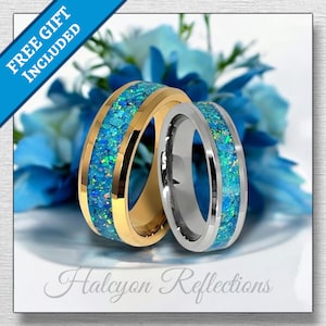 Das Drachenei Opal Glow Ring, Wolframcarbid, 8 mm-6 mm-4 mm, Herren-, Damen-, Ehering, poliert, Glow In The Dark, Comfort Fit Ring