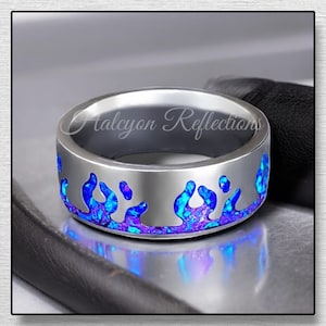 Purple And Blue Flame Opal Ring - Men&#39;s Woman&#39;s Titanium 8mm Band - Wedding Band - Tribal Ring
