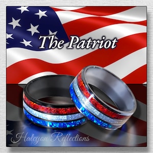 American Flag Ring: Tungsten, Stainless, Ceramic Band with Fire Opal Inlay