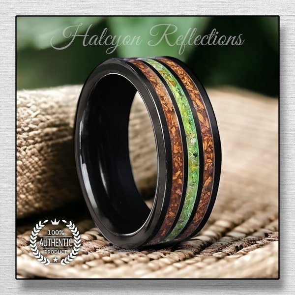 Dinosaur Bone And Pallasite Meteorite Ring, Unique Man's Woman's Band, Tungsten Black Ceramic, Comfort fit Ring, Three Channel Ring