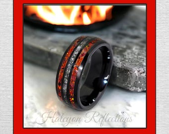 Meteorite Moonstone Red Opal Glow Ring- Handmade Tungsten Ceramic Wedding Band- 8mm Three Channel-Statement Ring