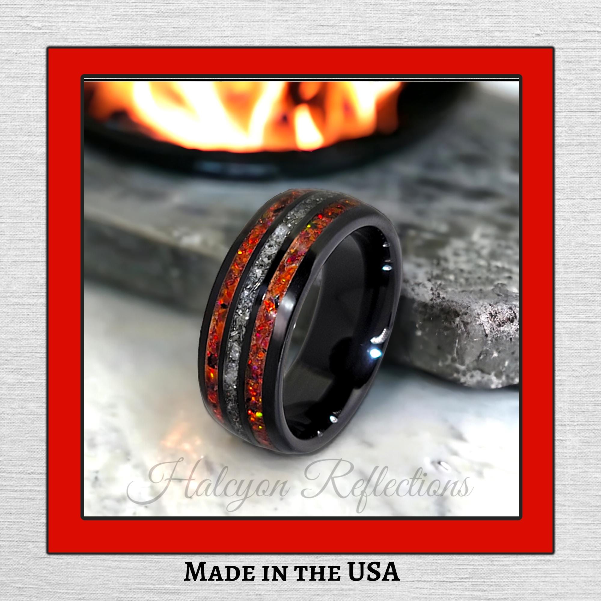 Meteorite Moonstone Red Opal Glow Ring- Handmade Tungsten Ceramic