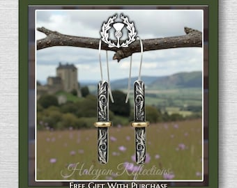 Blade and Bow Silver Gold Filigree Earrings- Scottish Celtic Jewelry-Wedding-Unique Anniversary Gift-.925 Sterling 14k Gold Filled