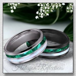 Aliança de casamento masculina e feminina, anel de malaquita e opala, 8 mm, anel de ajuste confortável, tungstênio, cerâmica, inoxidável, anel de dois canais