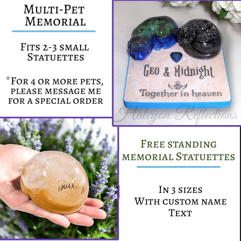 Pode incluir: Um memorial multi-animais de resina transparente com um nome e uma mensagem personalizados. O memorial tem a forma de um gato a dormir e est&aacute; dispon&iacute;vel em tr&ecirc;s tamanhos. O memorial &eacute; mostrado numa base rosa claro com uma borda azul. O texto na base diz "Geo & Midnight Together in heaven".