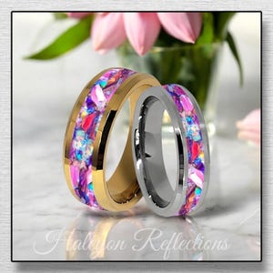 The Spring Garden Opal Ring, Woman&#39;s Wedding Band, 14K Gold Tungsten, .960 Silver, 8mm-6mm, Anniversary Gift, Polished, Comfort fit Ring