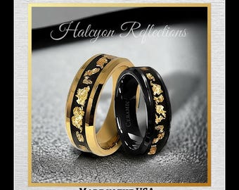 Elegante Gold Blatt schwarze Jet Ring-Herren-Frauen-Hochzeit Band-14K Gold Wolfram, Keramik 8 mm-6 mm, poliert, Komfort Passform