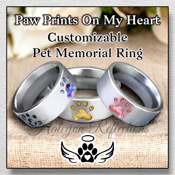 Custom Paw Prints On My Heart Pet Memorial Ring - Ash Ring - Pet Cremation - For Remains Keepsake, Mourning Ring