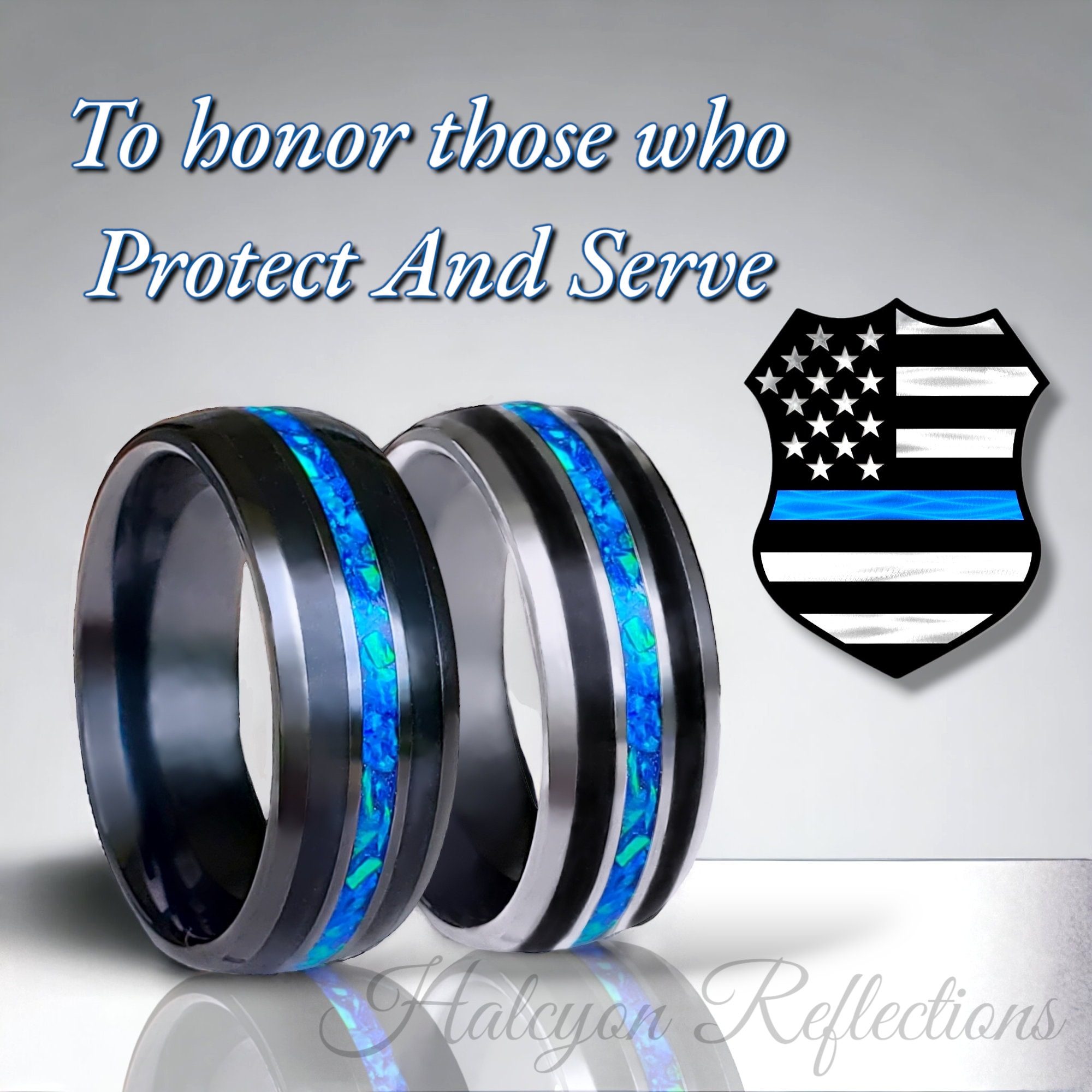 Blue Line Rings For Men Thin Blue Line Ring- Black Ceramic Tungsten Band With Blue Fire Opals ...