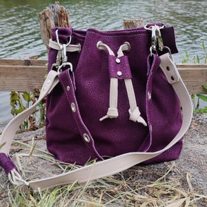 Handmade Leather Bucket Bag – Deep Purple Cowhide with Suede Lining | Convertible Shoulder & Crossbody Bag | Drawstring and Magnetic Closure