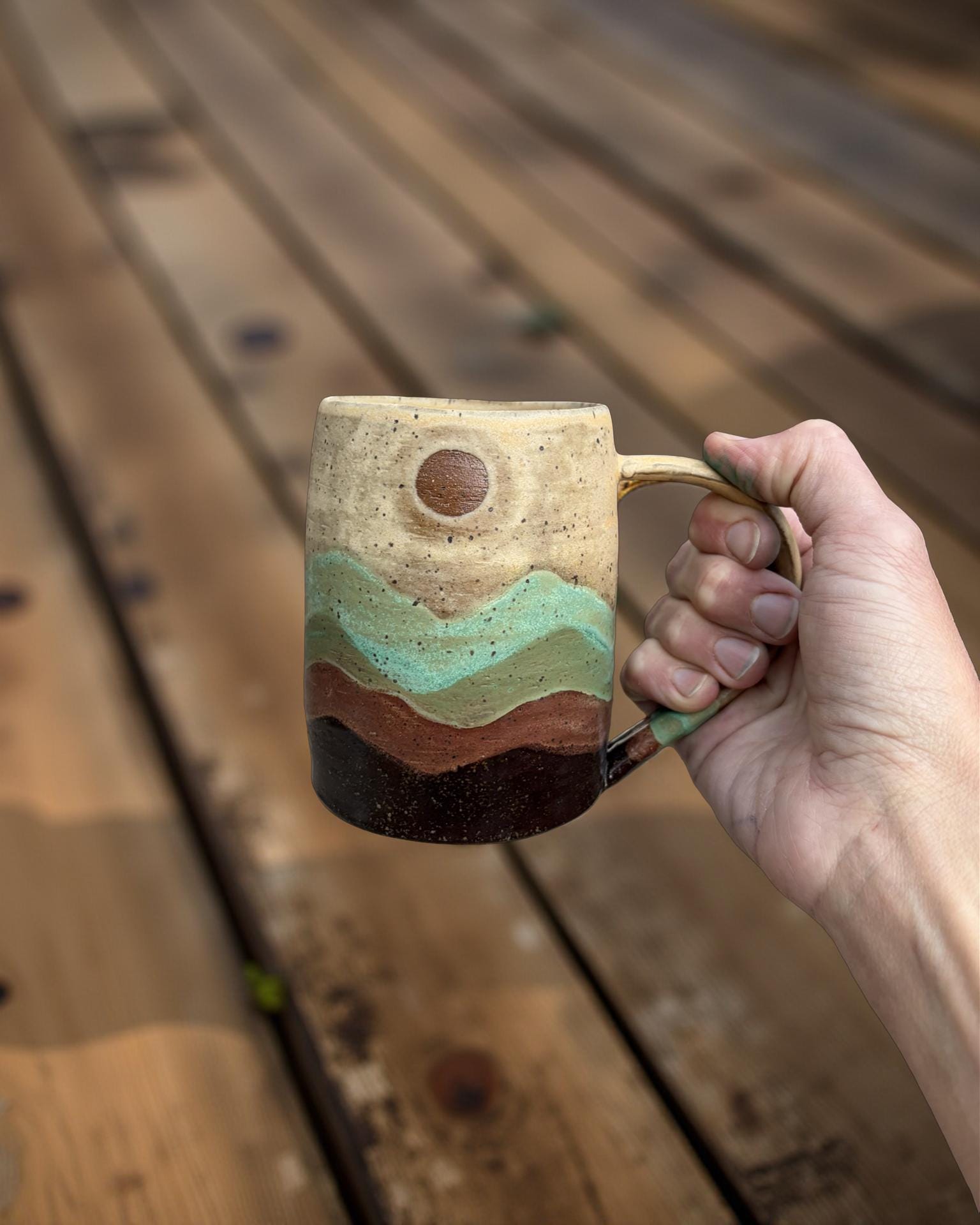 Ceramic Turquoise Mountain Mug With Sun and Moon - Etsy