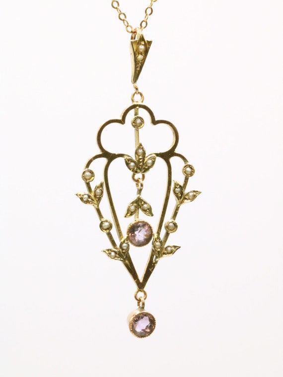 Edwardian 9ct rose gold amethyst and pearl pendan… - image 2