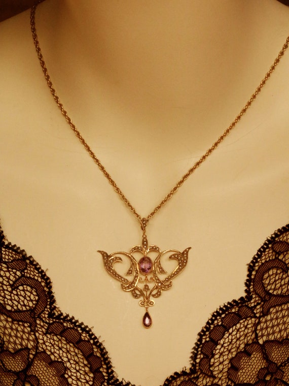 Stunning Art Nouveau 9ct rose gold amethyst and p… - image 9