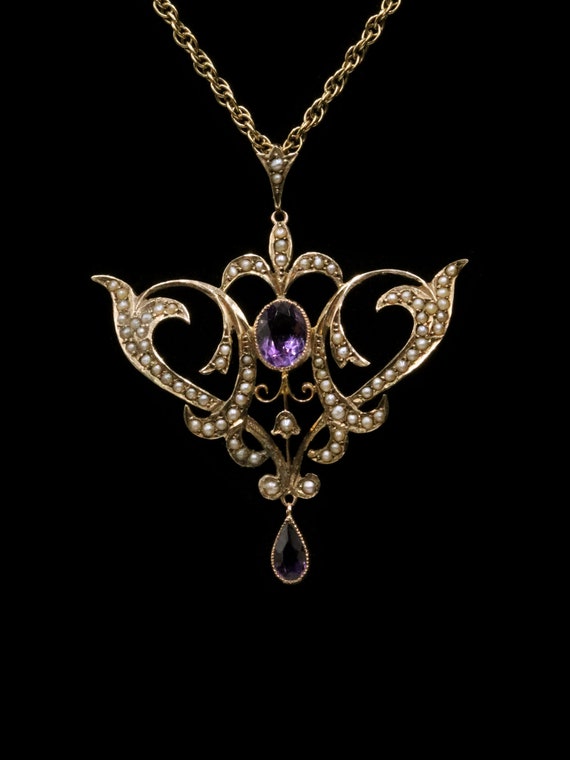 Stunning Art Nouveau 9ct rose gold amethyst and p… - image 4