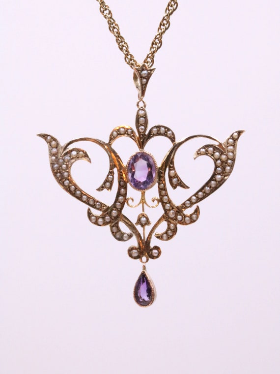 Stunning Art Nouveau 9ct rose gold amethyst and p… - image 7