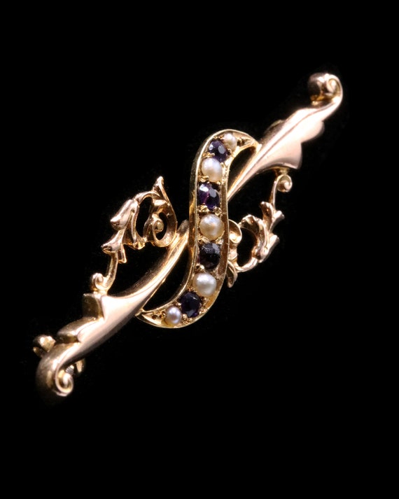 Victorian 15ct gold amethyst and pearl brooch - image 2