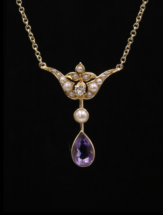 Art Nouveau 15ct rose gold diamond, amethyst and p