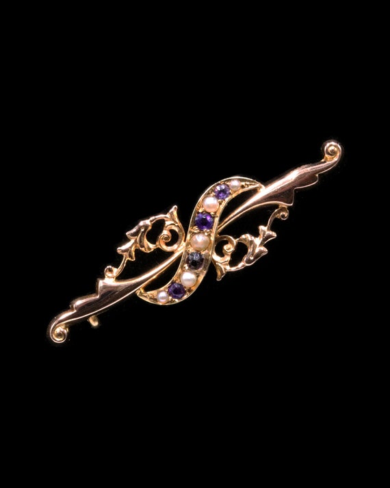 Victorian 15ct gold amethyst and pearl brooch - image 1