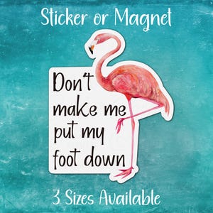 Funny Flamingo Sticker or Magnet | Don&#39;t Make Me Put My Foot Down | Perfect Gift for Animal Pun Lover, Pink
