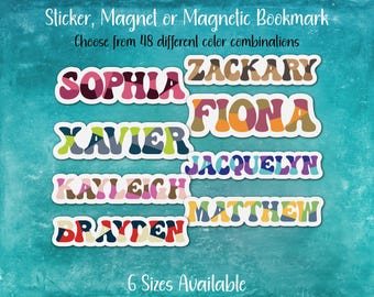 Retro Groovy Custom Name Sticker, Magnet or Magnetic Bookmark | Abstract Three Color Block Design, Personalized Gift