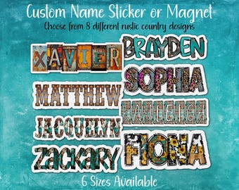 Rustic Country Custom Name Sticker or Magnet | Turquoise, Distressed, Weathered, Cow Print | Personalized Decoration