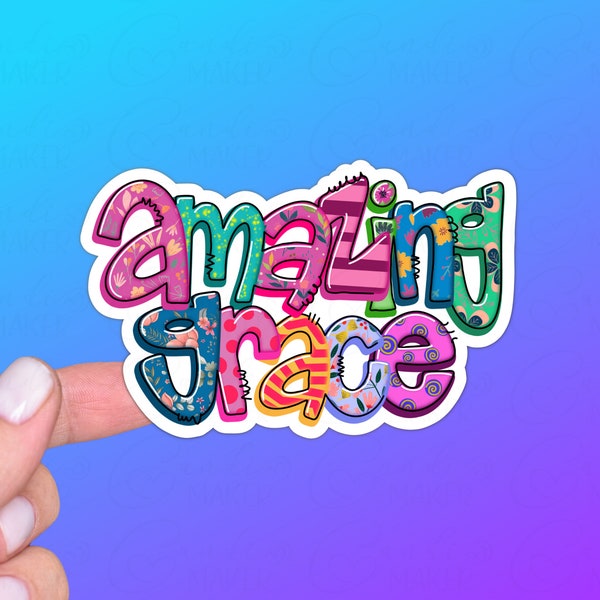 Religious Sticker or Magnet | Amazing Grace | Christian, Catholic, Bible Hymn, Colorful Whimsical Letters