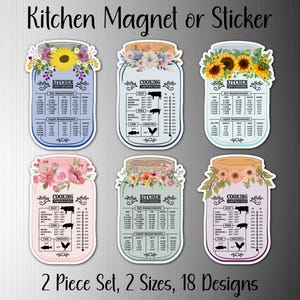 Floral Mason Jar Kitchen Conversion Refrigerator Sticker or Magnet | 2 Piece Set, 2 Sizes, 18 Designs | Measurements, Cabinet, Fridge Decor