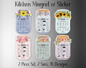 Floral Mason Jar Kitchen Conversion Refrigerator Sticker or Magnet | 2 Piece Set, 2 Sizes, 18 Designs | Measurements, Cabinet, Fridge Decor