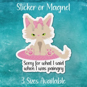 May include: A sticker or magnet featuring a cartoon cat with pink bow sitting on a pink and white patterned surface. The text "Sorry for what I said when I was paingry" is below the cat. The text "3 Sizes Available" is below the text.