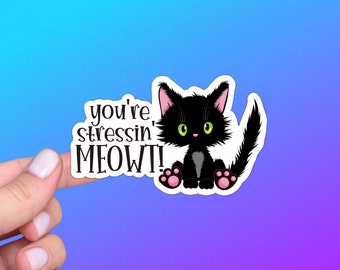 Funny Black Kitten Sticker or Magnet | You're Stressin' Meowt | Perfect for Animal Pun Lovers, Cat Mom, Dad, Pet Parent