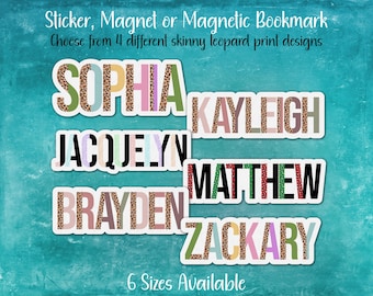 Leopard Print Custom Name Sticker, Magnet or Magnetic Bookmark | Personalized Decoration