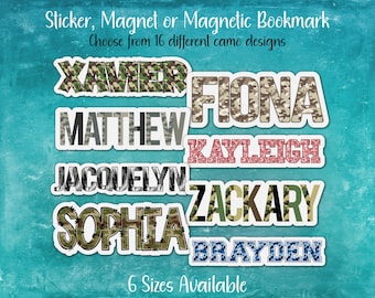 Camouflage Print Custom Name Sticker, Magnet or Magnetic Bookmark | Stocking Stuffer, Party Favor, Shower, Reception, Personalized Decor
