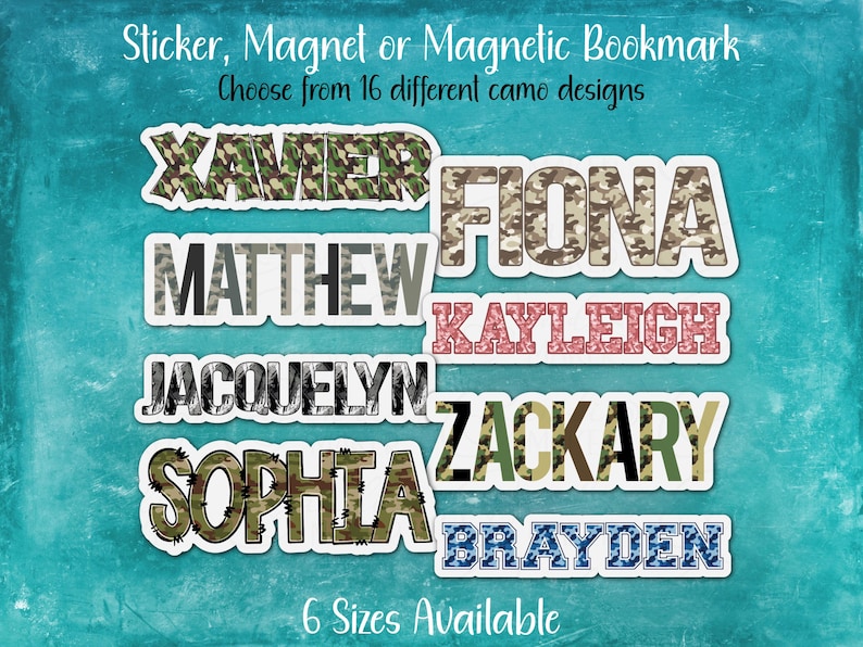 Kayleigh Sticker Camouflage Print Custom Name Sticker, Magnet or Magnetic Bookmark ...
