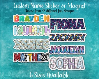 Fun Custom Name Sticker or Magnet | Construction, Cowboy, Animal, Unicorn, Dinosaur, Monster, Cat, Dog, Comic, Mermaid, Summer, Beach