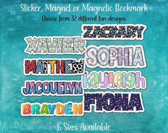 Fun Custom Name Sticker, Magnet, or Magnetic Bookmark | Construction, Cowboy, Animal, Unicorn, Dinosaur, Monster, Cat, Dog, Comic, Mermaid