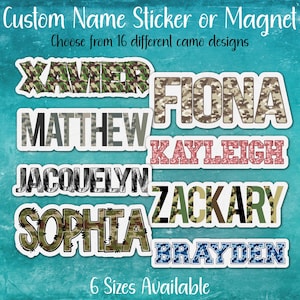 Camouflage Print Custom Name Sticker or Magnet | Stocking Stuffer Gift, Party Favor, Shower, Reception, Personalized Decoration