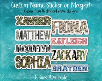 Camouflage Print Custom Name Sticker or Magnet | Stocking Stuffer Gift, Party Favor, Shower, Reception, Personalized Decoration