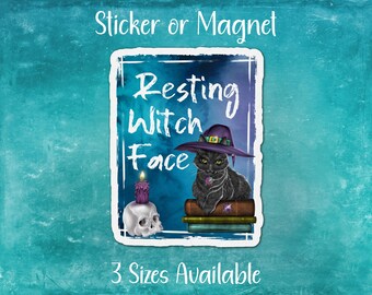 Resting Witch Face, Funny Black Cat Sticker or Magnet | Goth Skull Candle Holder, Witchy Hat, Spooky Purple Halloween Decor, Gift for Her