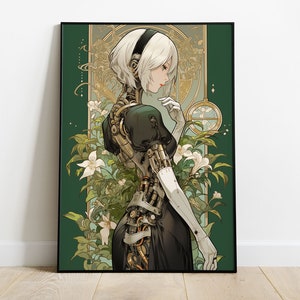 Peut inclure: Une impression d'art numérique représentant une illustration stylisée d'une femme aux cheveux blancs et au corps mécanique. Elle porte une robe noire et se tient dans un jardin avec une végétation verte et des fleurs blanches.