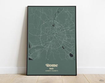 Impresión del mapa de la ciudad de Roma, cartel del mapa de Roma, arte de la pared del mapa de Roma en color, cartel del mapa de Roma, mapa personalizado