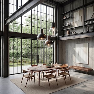 May include: A dining room featuring an oval wooden table with six chairs, three hanging pendant lights with glass globes, large floor-to-ceiling windows with black frames, a tall metal shelving unit, and a leather bench against a concrete wall.