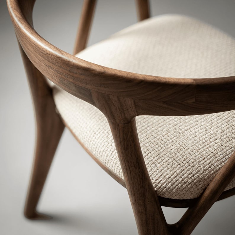 May include: A wooden chair featuring a curved backrest and a light beige textured fabric seat. The frame is constructed from dark brown wood with visible grain patterns, showcasing a rounded design that connects the backrest to the seat base.