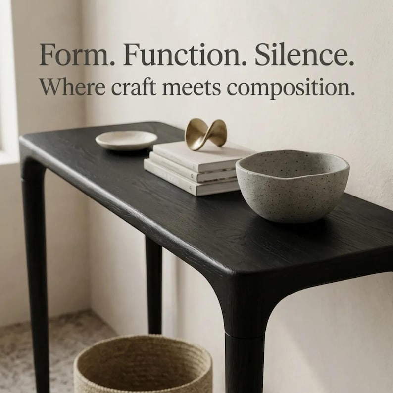 Puede incluir: Una mesa consola de madera negra con patas redondeadas, sobre la que hay un plato blanco peque&ntilde;o, una pila de tres libros, un objeto met&aacute;lico dorado curvado y un cuenco gris moteado. El texto "Form. Function. Silence. Where craft meets composition." es visible.