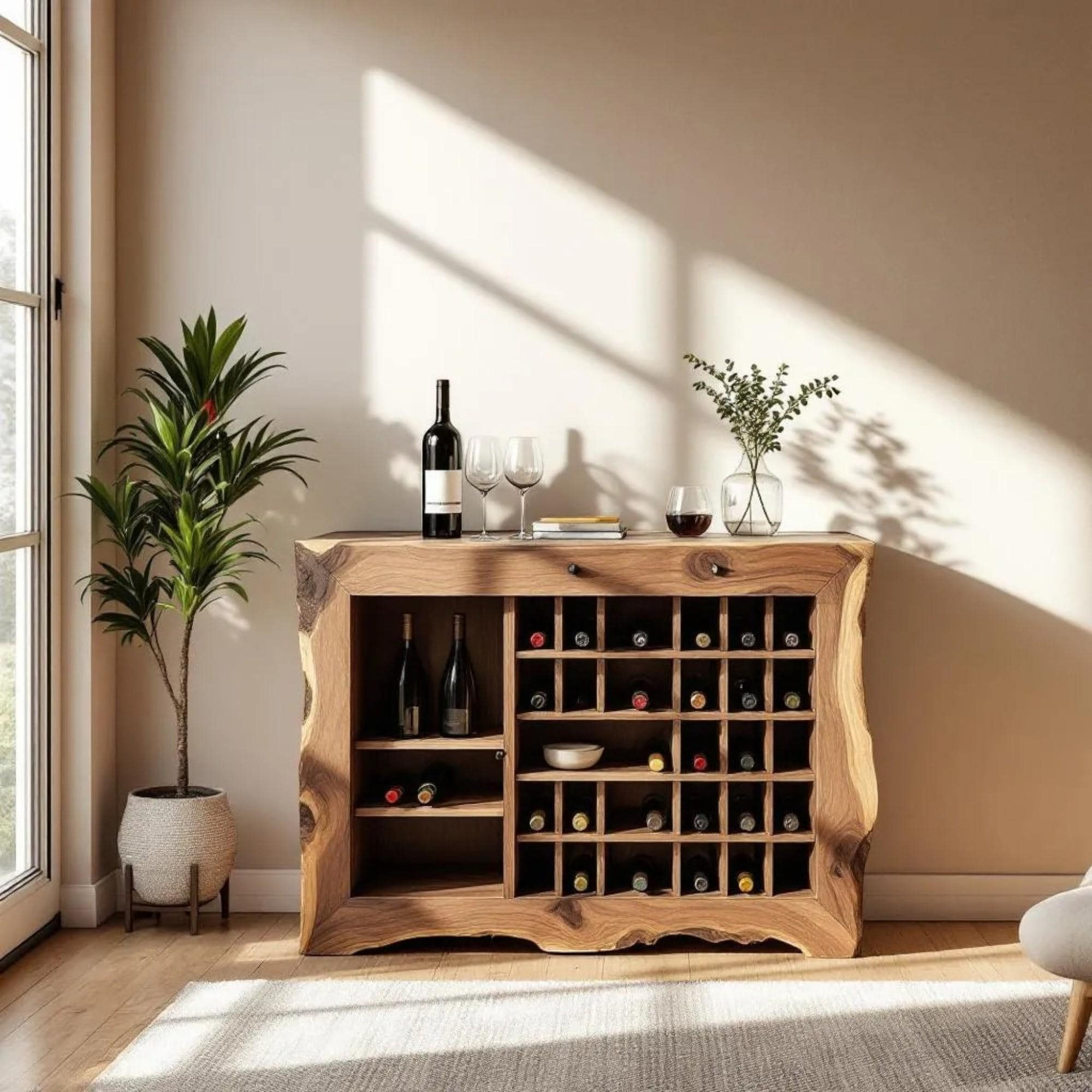 Walnut Wood Wine Rack Kitchen Cabinet Shelf | Mini Wine Bar and Liquor ...